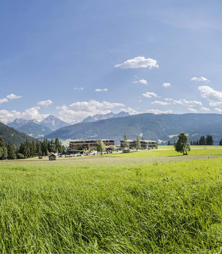 Your 5-star hotel in Val Pusteria/Pustertal: Alpen Tesitin Green meadow with trees, mountains, and bright sun under a blue sky
