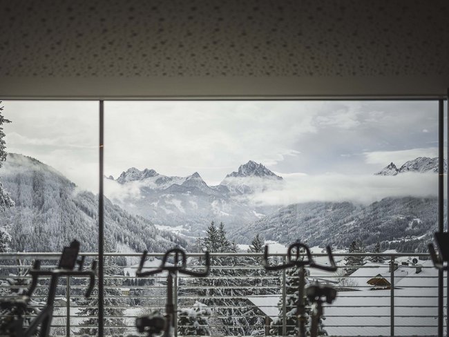 Schneebedeckte Berge und Talblick durch großes Fenster mit Fahrrädern im Vordergrund