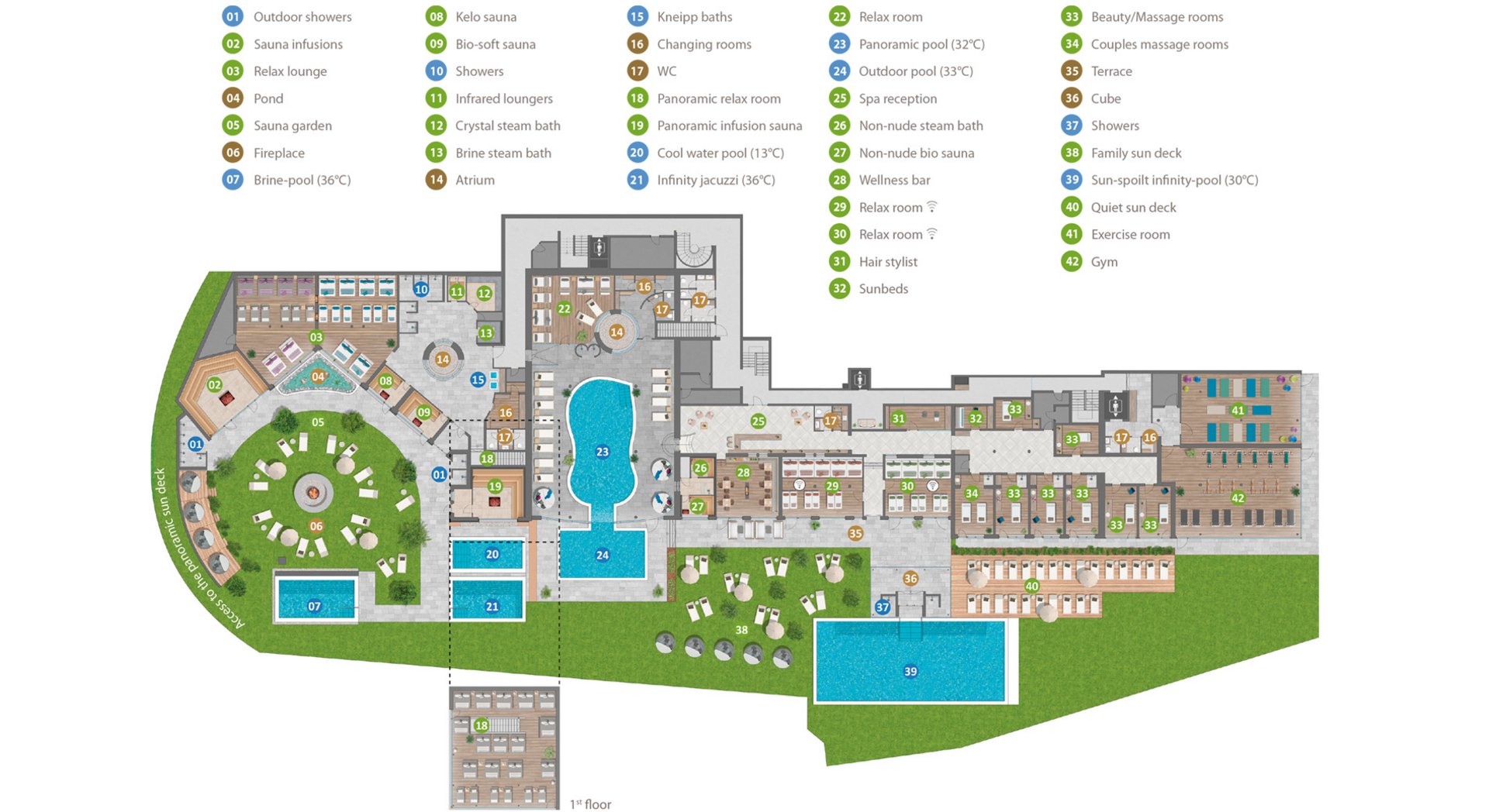 Floor plan of spa area with saunas, pools, relax rooms and gym