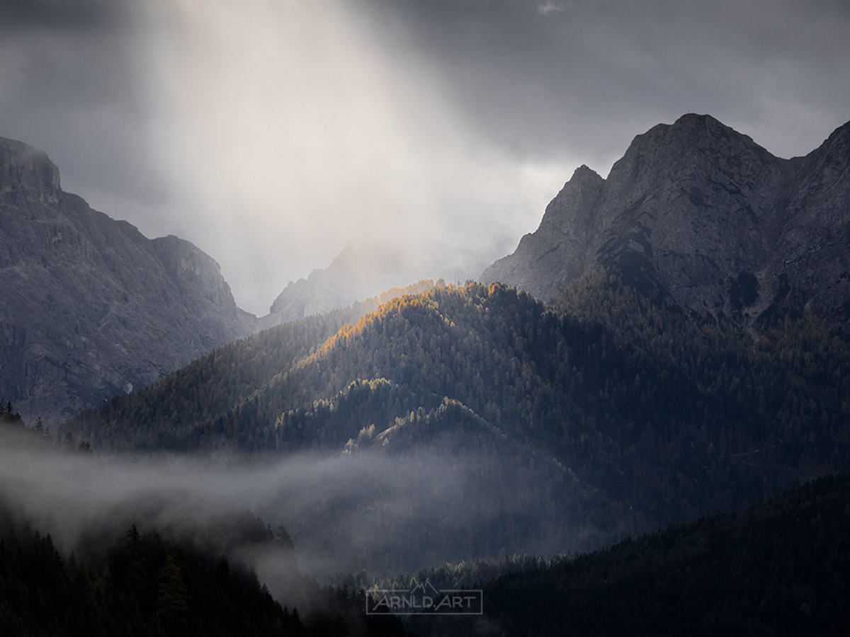 Berglandschaft mit Nebel und Sonnenlicht auf bewaldetem Hügel