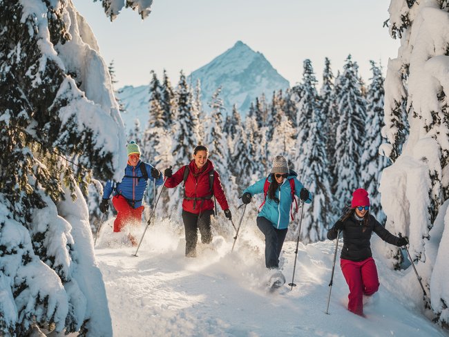 Secrets Vier Personen beim Schneeschuhwandern in verschneitem Wald mit Berg im Hintergrund