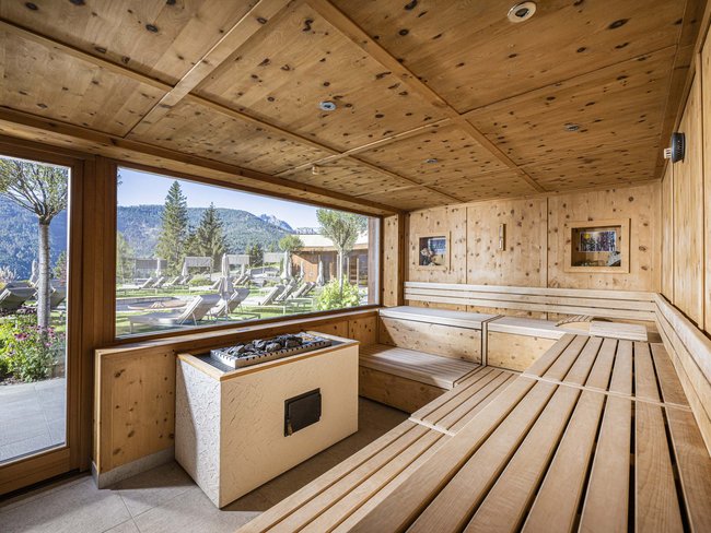 Sauna in legno con vista su sdraio nel giardino esterno
