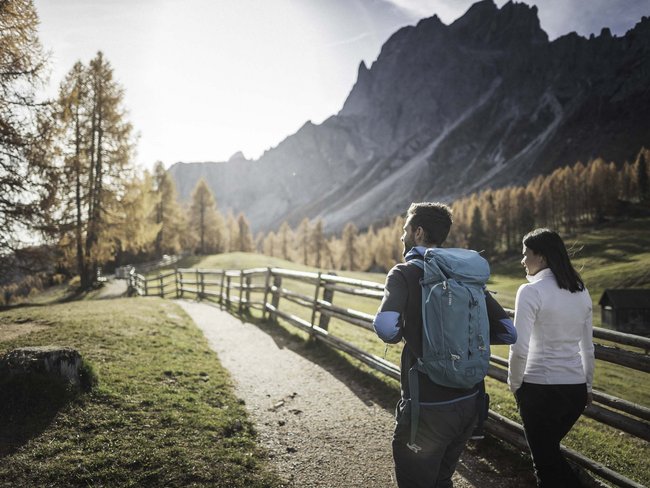 Alpen Tesitin: godetevi le escursioni in Val Pusteria Due escursionisti su un sentiero accanto a una recinzione di legno in paesaggio montano autunnale