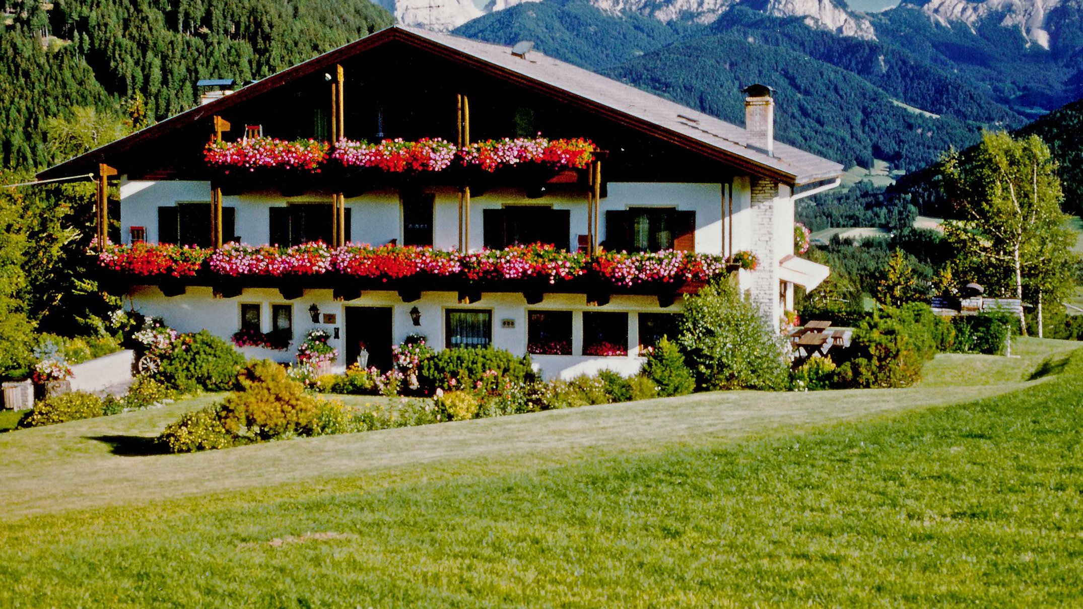 Alpen Tesitin: una storia da raccontare Casa alpina con balconi fioriti davanti a montagne boscose e cielo azzurro