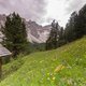 Almhütte mit Bergwiese und Felsen unter bewölktem Himmel