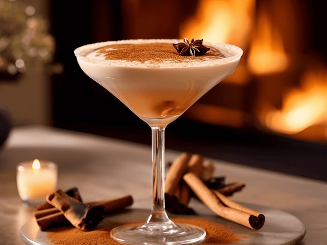 Cocktail mit Zimt und Sternanis vor Kaminfeuer