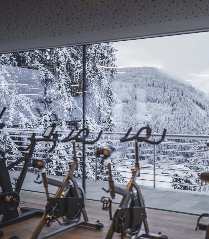 La vostra vacanza wellness esclusiva da Belvita Palestra con cyclette e vista invernale sulle montagne dal finestrone