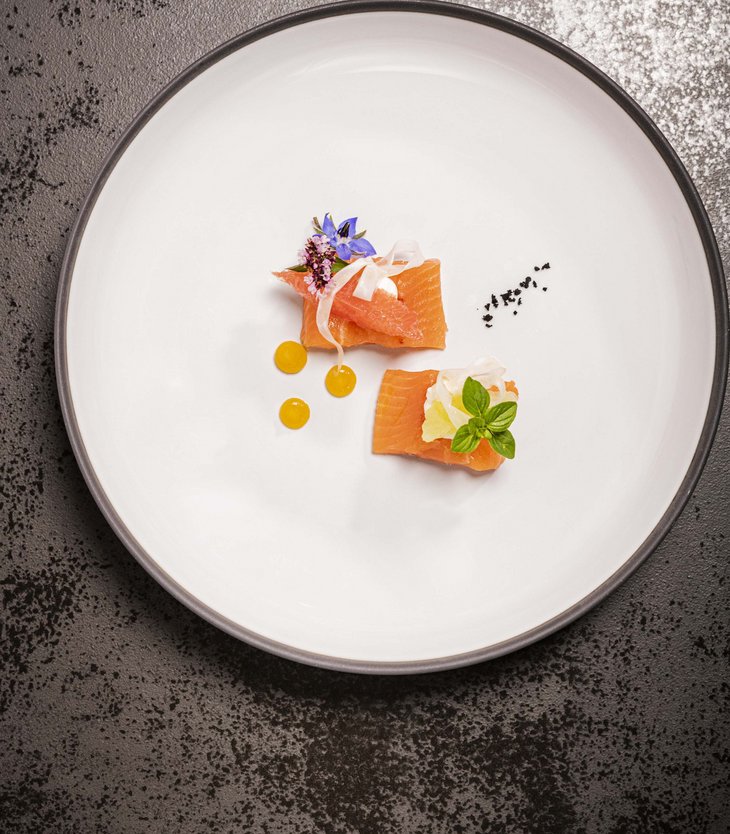 La vostra vacanza wellness esclusiva da Belvita Pezzi di salmone decorati con erbe e gocce di salsa su piatto bianco