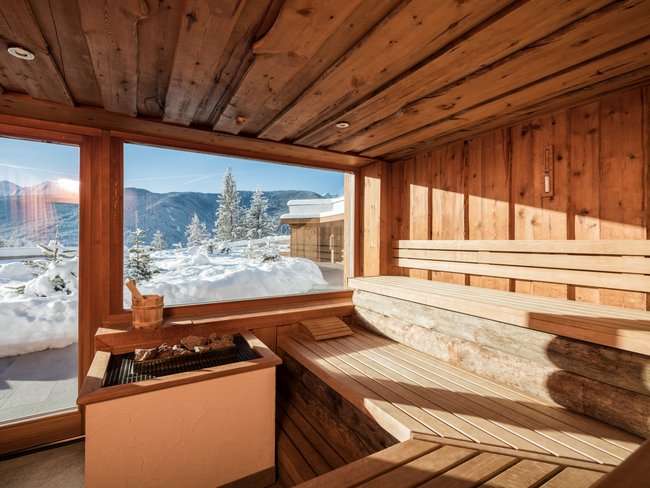 Sauna in legno con grande finestra e vista sulle montagne innevate