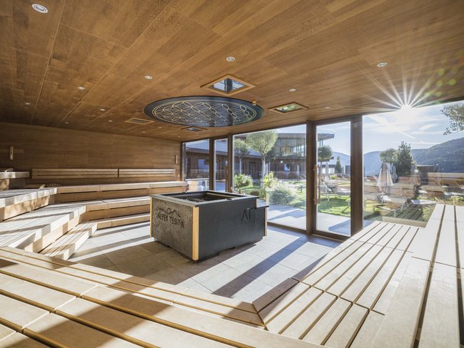 Modern sauna with wood paneling and panoramic windows with outdoor view